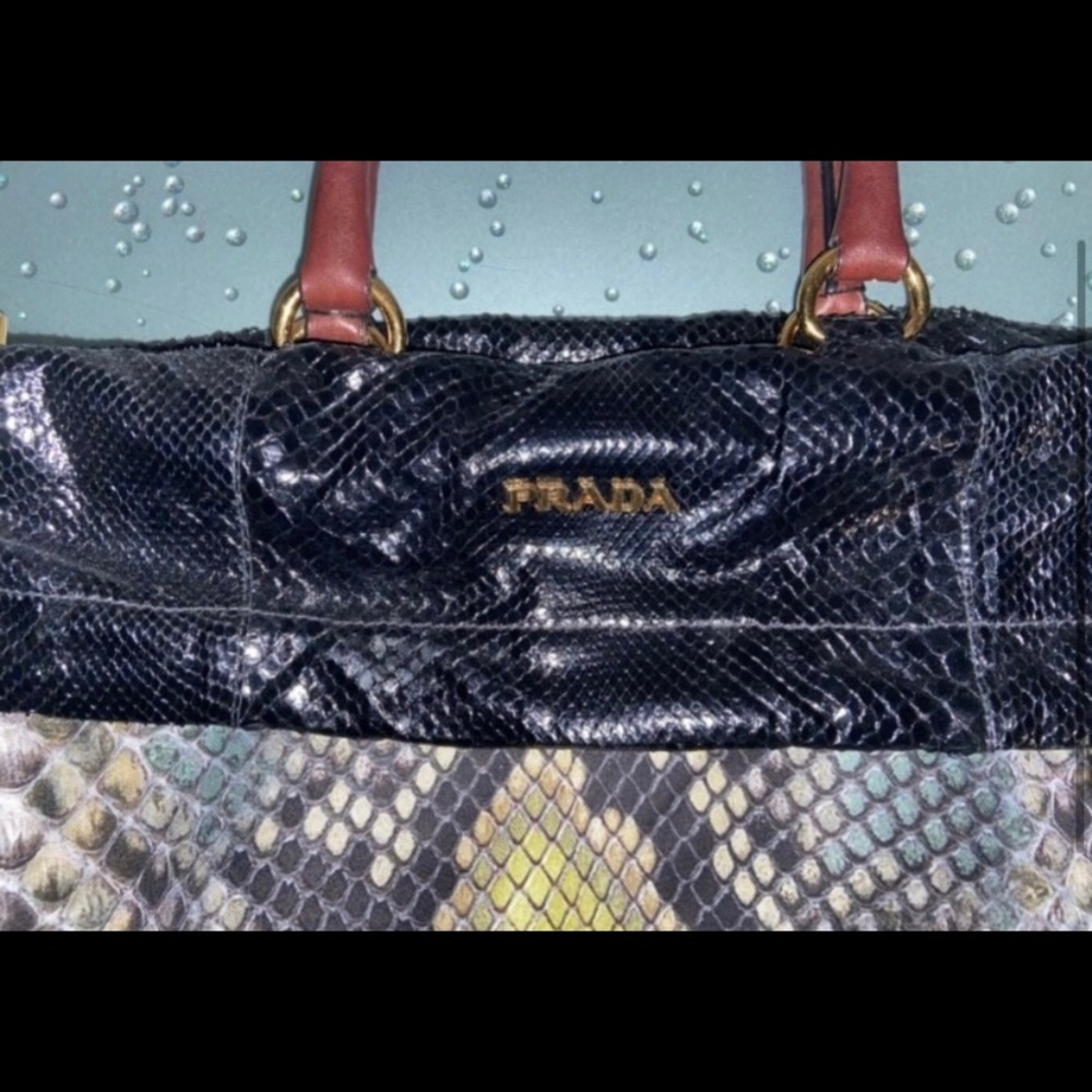 Prada Black Leather Snake Skin & Nylon Handbag Excellent Condition View 3